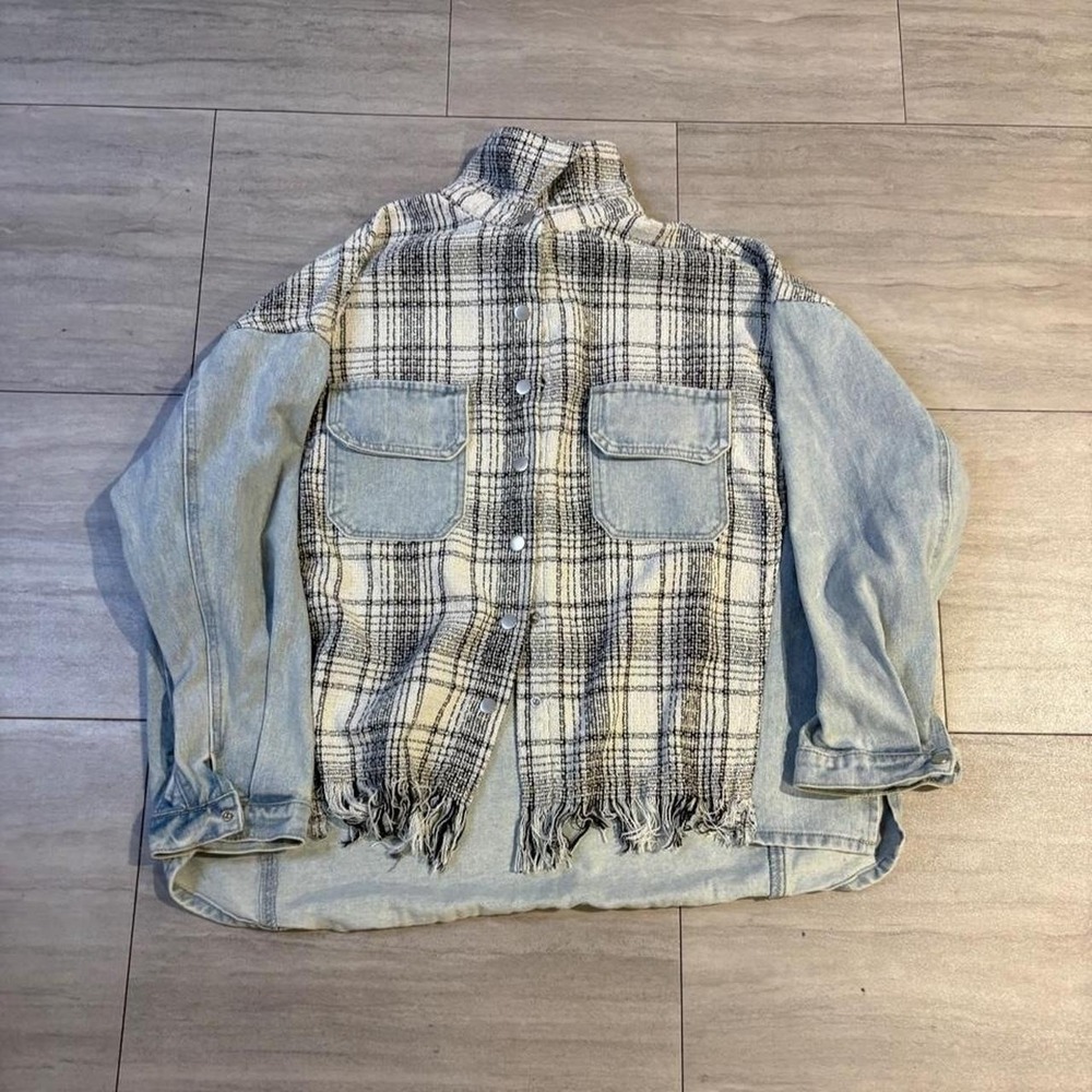 white and black plaid denim jacket with frayed hem, size L